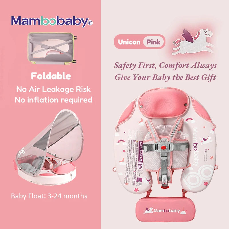Mambobaby Baby Foldable Float Inflatable Free with Sun Canopy Safe Crotch Strap Pool Swim Ring Swim Tube Pool Float Water Circle
