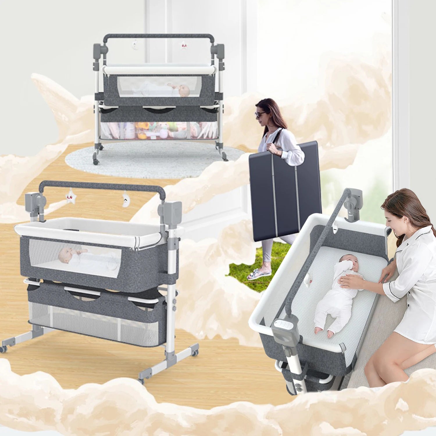 Baby Rocking Bassinet Portable Newborn Cradle Bedside Sleeper for Infant Travel Electric Bassient Co-Sleeper Suit to 6M