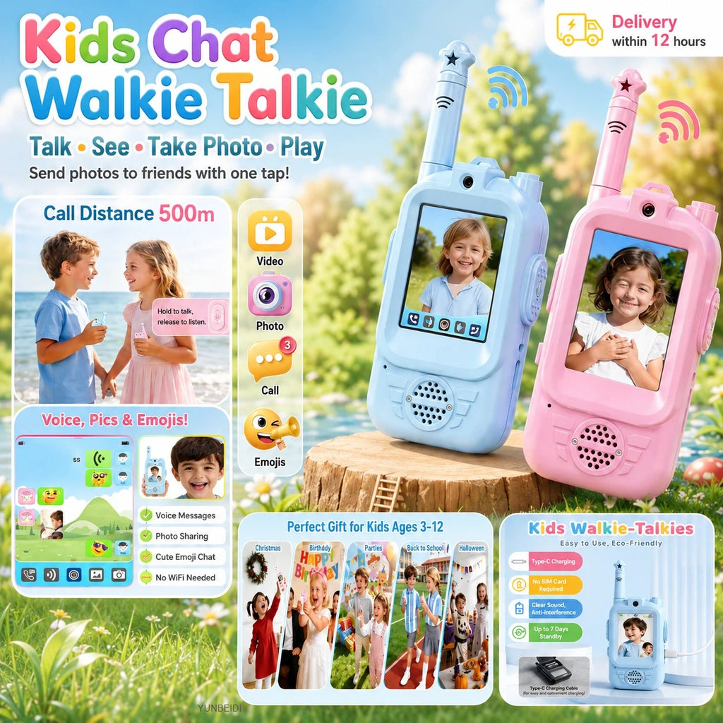 2PC Kids HD-Video Walkie Talkies 3 Styles Intercom USB Charging Indoor Outdoor Child's Toys Birthday Gifts for Boys Girls Age 3+