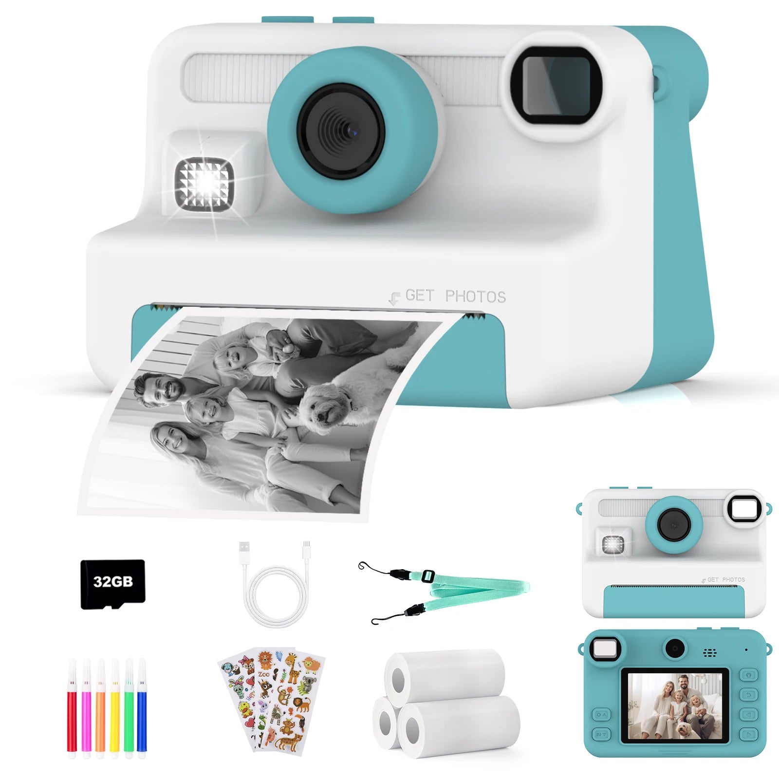 Kids Camera Instant Print, 1080P Video, Children Christmas Birthday Gifts for Girls Age 3-12, Toddler Toy with 32GB Card,6 pens
