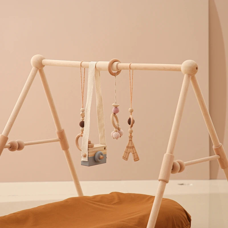 Baby Wooden Gym Frame Rattle Toys Baby Room Decor Newborn Hanging Sensory Toys Foldable Play Gym Frame Kid Holder Bracket Gift