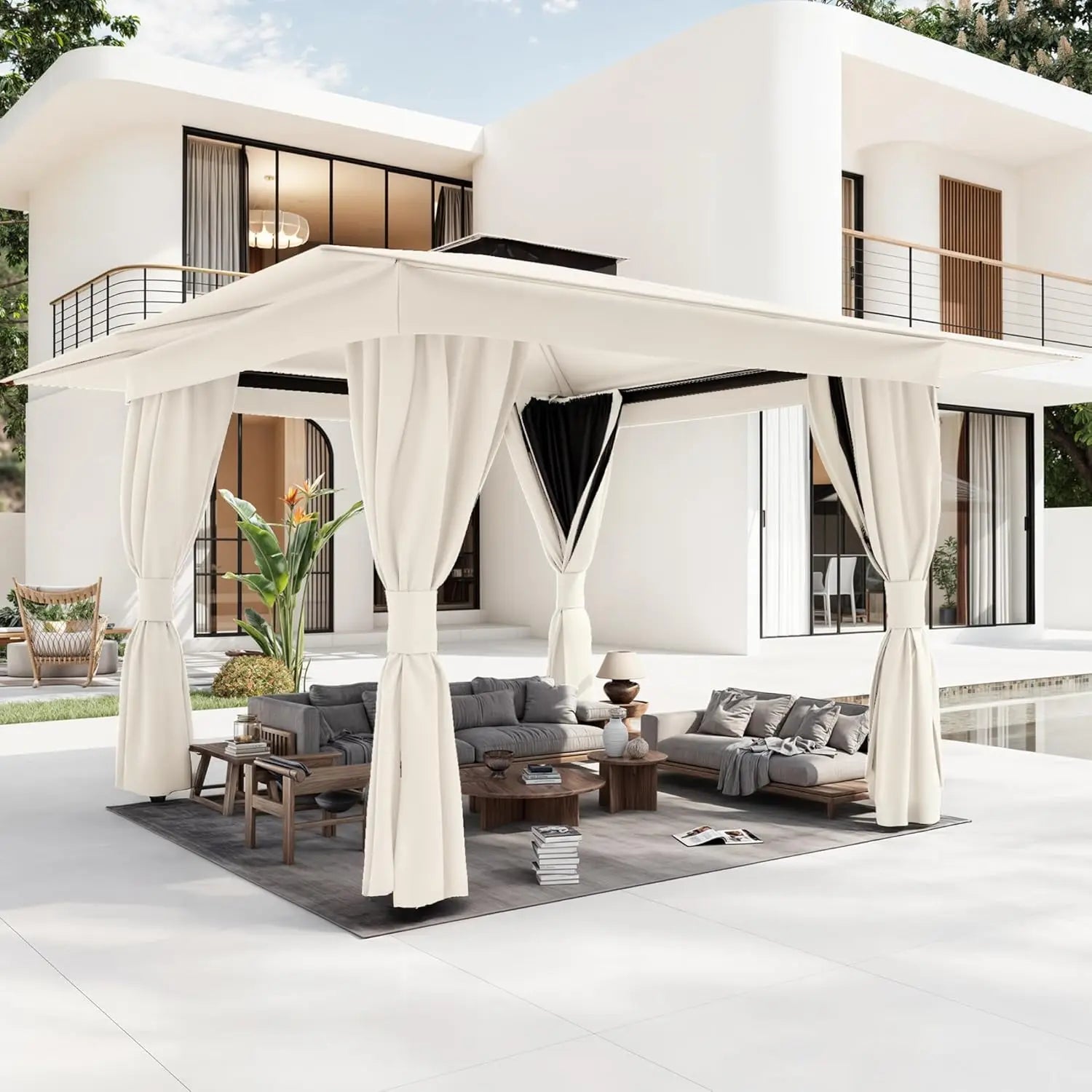 10'x10' Outdoor Gazebo Kahaki for Patio, Heavy Duty Party Tent with Double Roofs, Outdoor Canopy with Curtains and, Custom