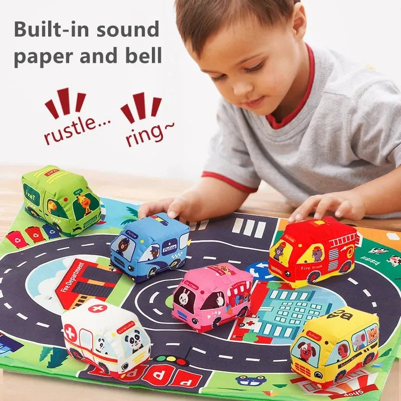 Soft Fabric Car Toy Set for Baby, with Play Mat and 9pcs Early Learning Travel Sensory  Toy, Birthday Gifts for Toddler