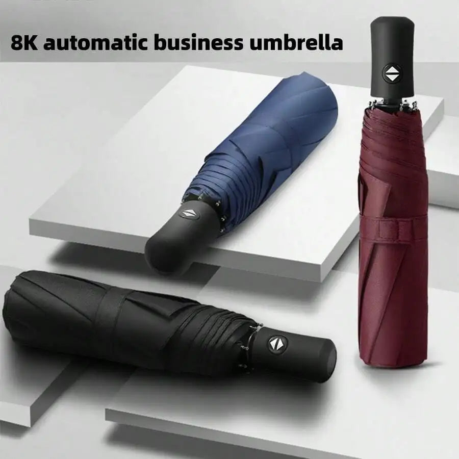 Fully Automatic Open Umbrella, One-Button Open, Suitable For Sunny And Rainy Days, 8 Ribs, Solid Color Business Umbrella, Black Coating UPF50+, Sun-Blocking Umbrella, Triple Folding Umbrella, Solid Color Foldable Umbrella, Un
