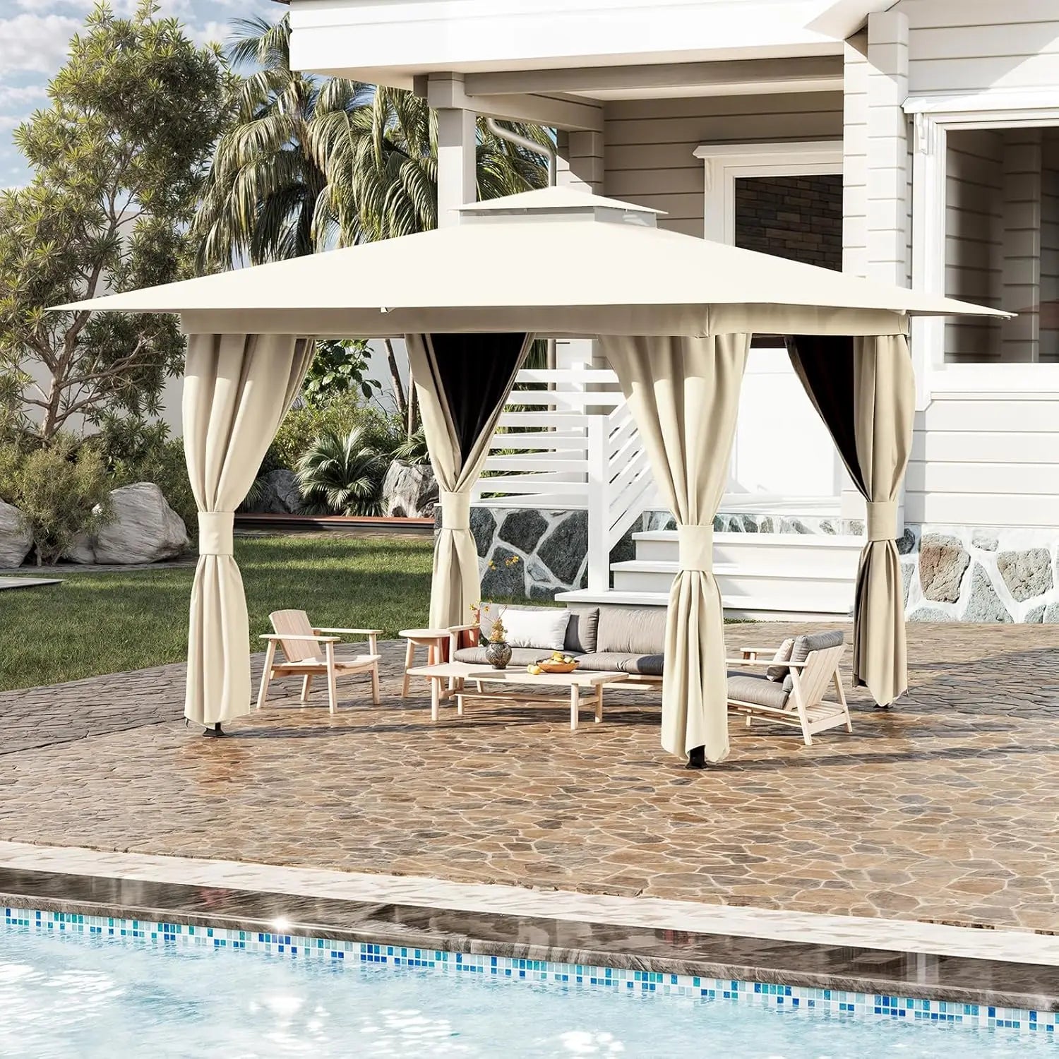 10'x10' Outdoor Gazebo Kahaki for Patio, Heavy Duty Party Tent with Double Roofs, Outdoor Canopy with Curtains and, Custom