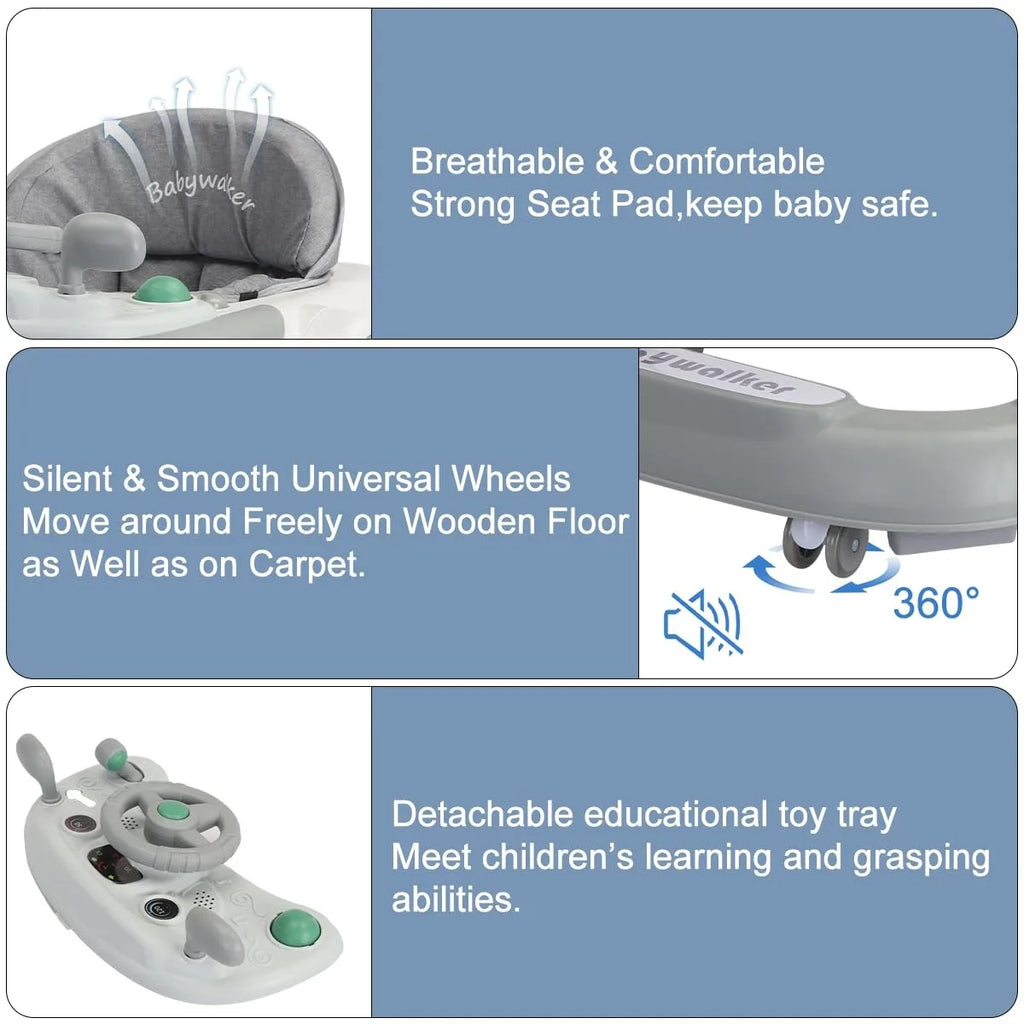 Foldable Activity Walker, Toddler Baby Push Walker with Removable Feeding Tray & Music Tray(Without Battery), 2 in 1 Baby Walker