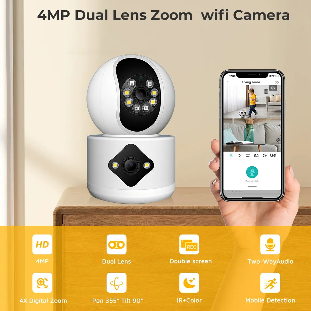 4MP Dual Lens WiFi Camera Dual Screen Baby Monitor Auto Tracking Ai Human Detection Indoor Home secuiryt CCTV Video Surveillance