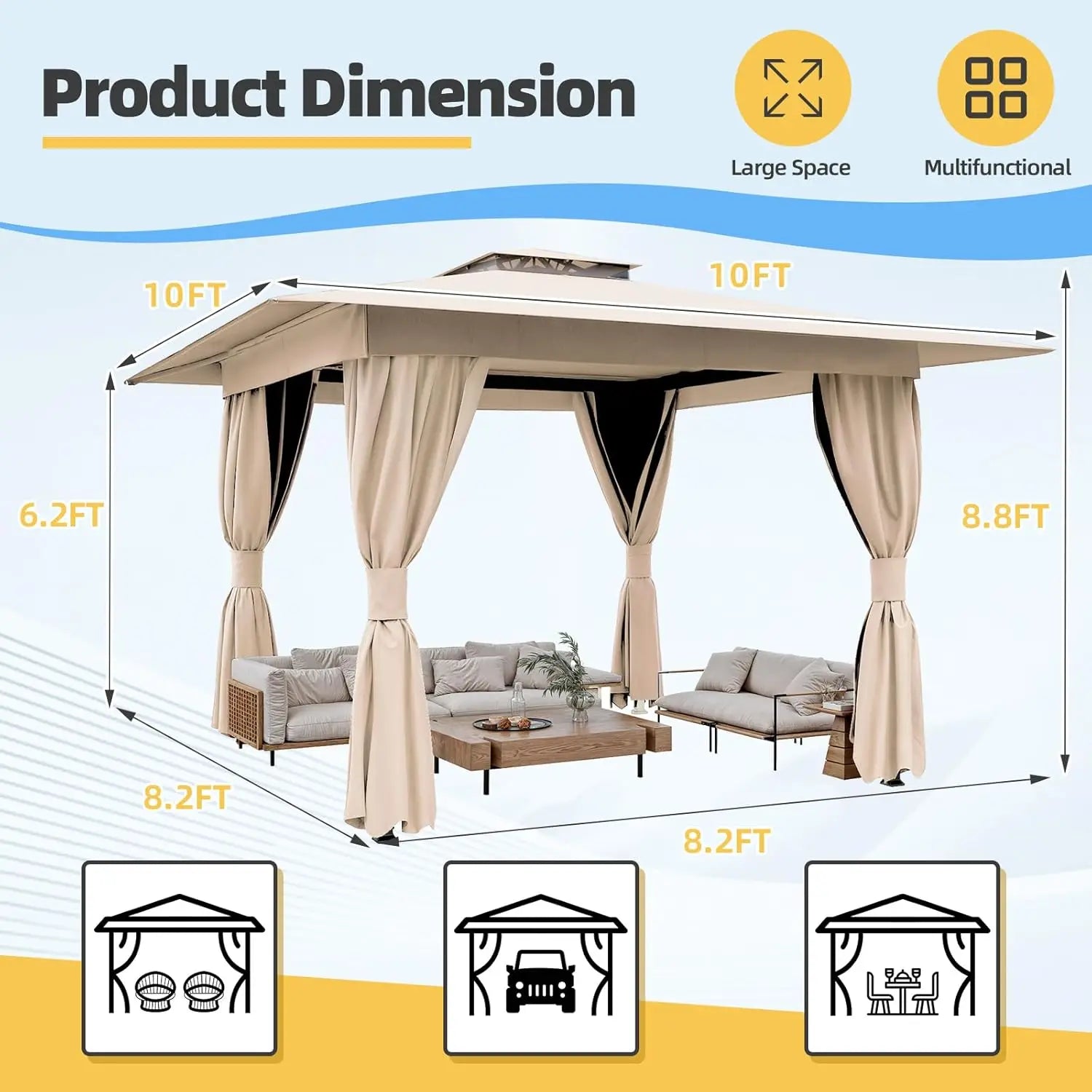 10'x10' Outdoor Gazebo Kahaki for Patio, Heavy Duty Party Tent with Double Roofs, Outdoor Canopy with Curtains and, Custom