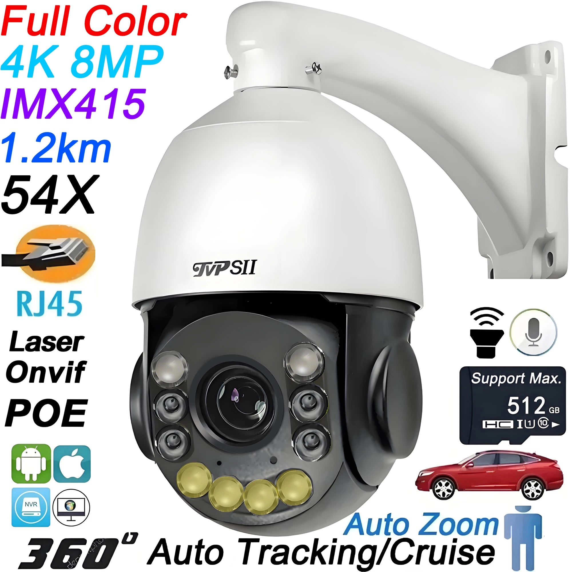 H.265+ Full Color Metal Smart Auto Tracking Cruise 8MP 4K 54X Optical Zoom 360° Audio ONVIF PTZ Speed Dome POE IP Camera