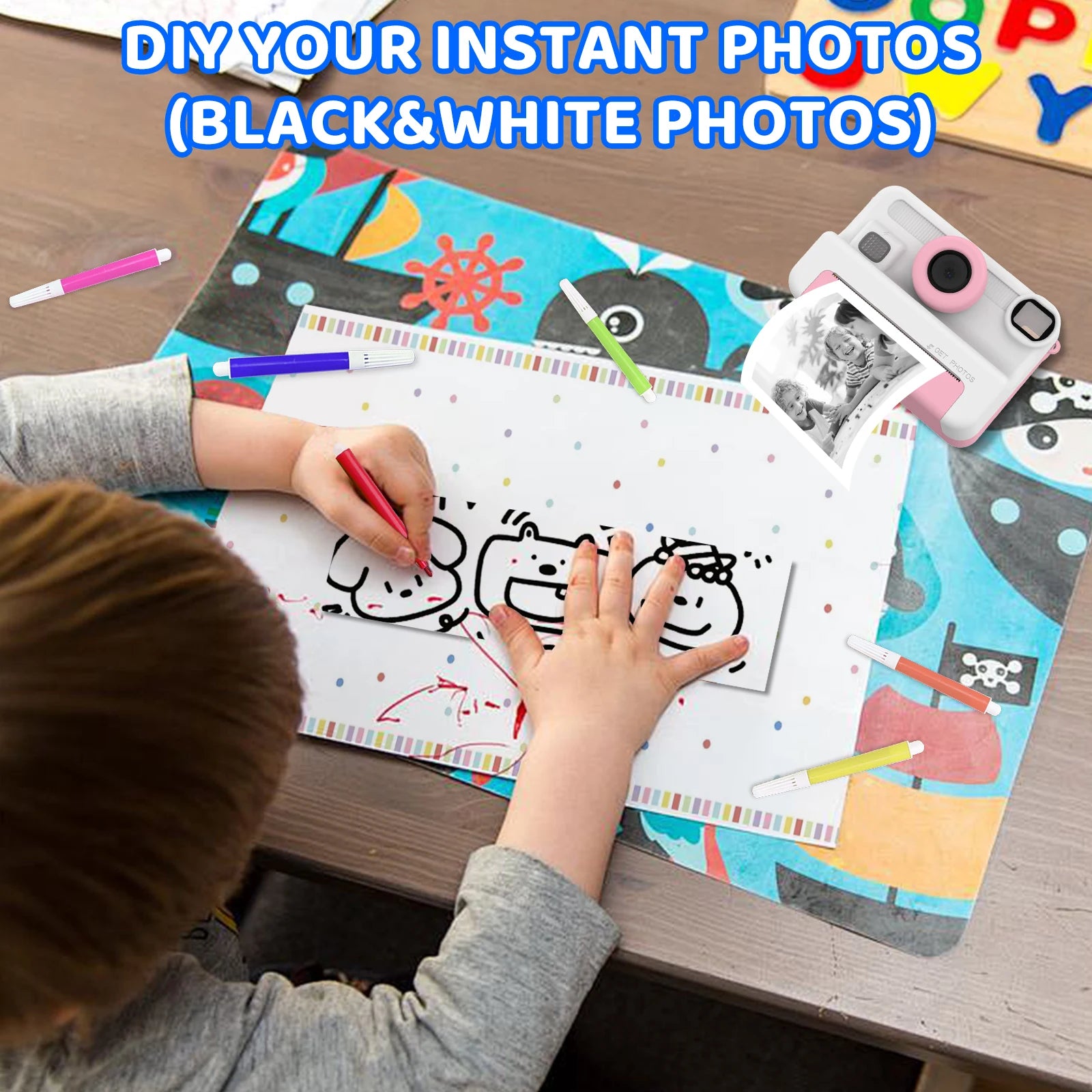 Kids Camera Instant Print, 1080P Video, Children Christmas Birthday Gifts for Girls Age 3-12, Toddler Toy with 32GB Card,6 pens