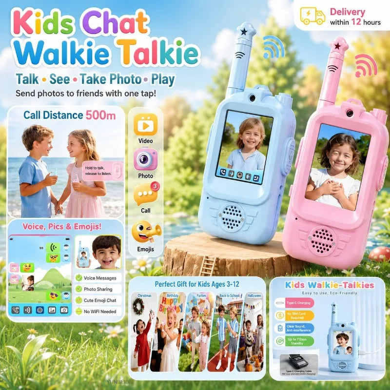 2PC Kids HD-Video Walkie Talkies 3 Styles Intercom USB Charging Indoor Outdoor Child's Toys Birthday Gifts for Boys Girls Age 3+