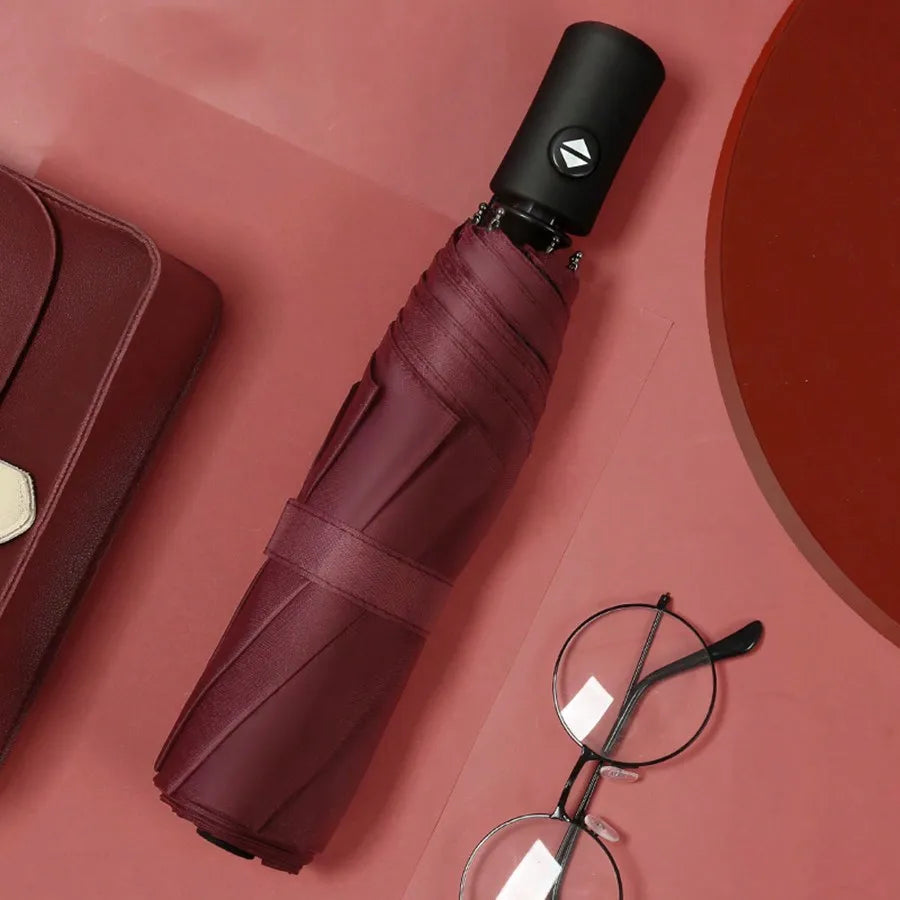 Fully Automatic Open Umbrella, One-Button Open, Suitable For Sunny And Rainy Days, 8 Ribs, Solid Color Business Umbrella, Black Coating UPF50+, Sun-Blocking Umbrella, Triple Folding Umbrella, Solid Color Foldable Umbrella, Un