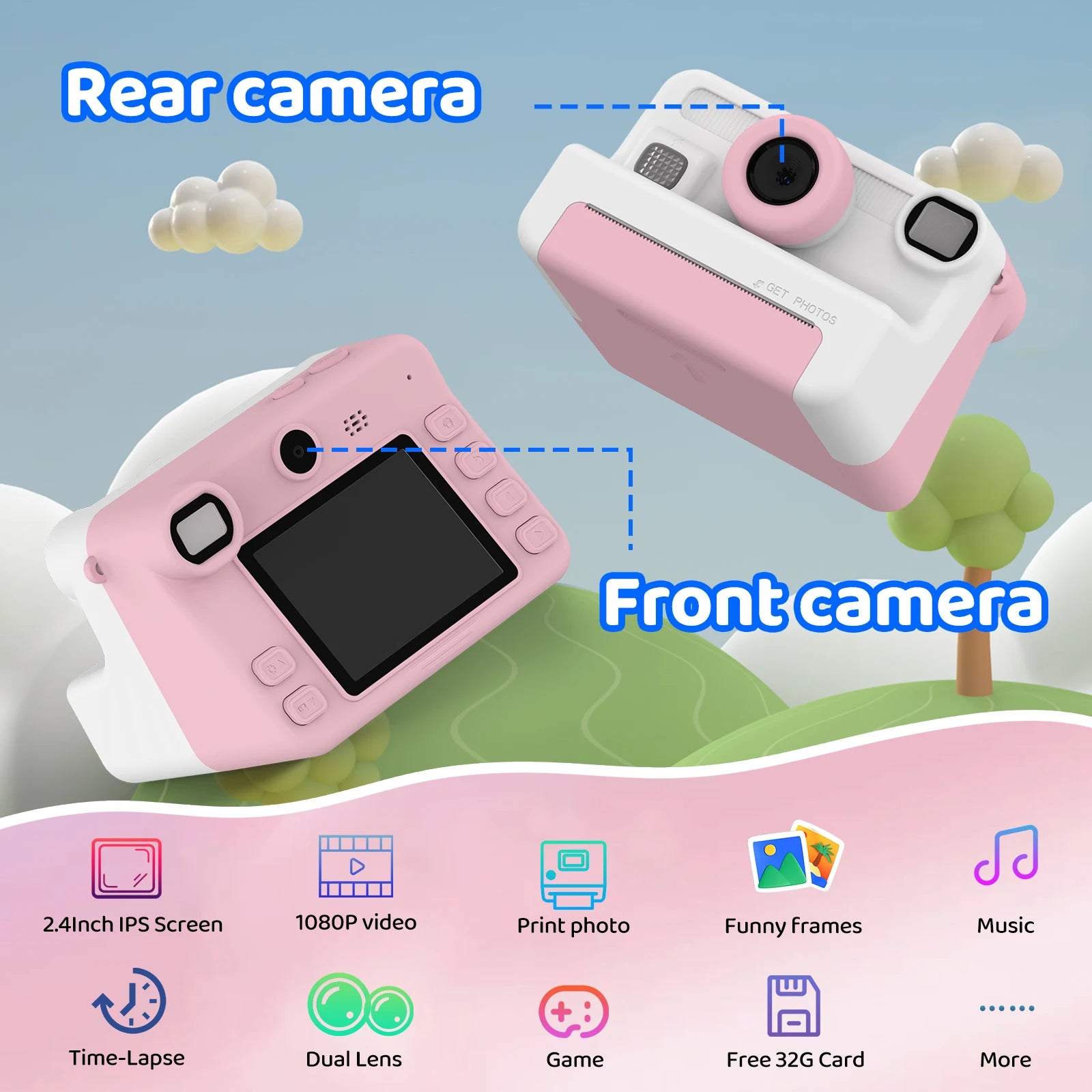 Kids Camera Instant Print, 1080P Video, Children Christmas Birthday Gifts for Girls Age 3-12, Toddler Toy with 32GB Card,6 pens