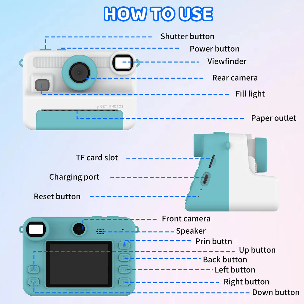 Kids Camera Instant Print, 1080P Video, Children Christmas Birthday Gifts for Girls Age 3-12, Toddler Toy with 32GB Card,6 pens