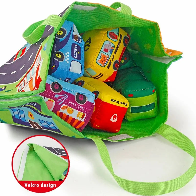 Soft Fabric Car Toy Set for Baby, with Play Mat and 9pcs Early Learning Travel Sensory  Toy, Birthday Gifts for Toddler