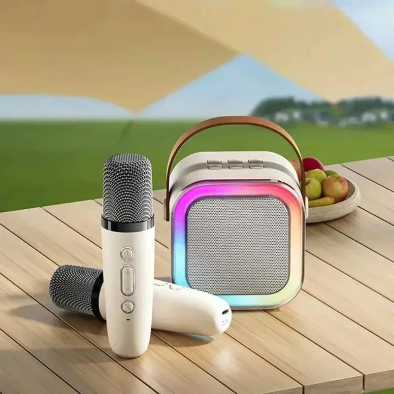 K12 Bluetooth speaker karaoke machine portable speaker system with 2 wireless microphones family family singing children's gif