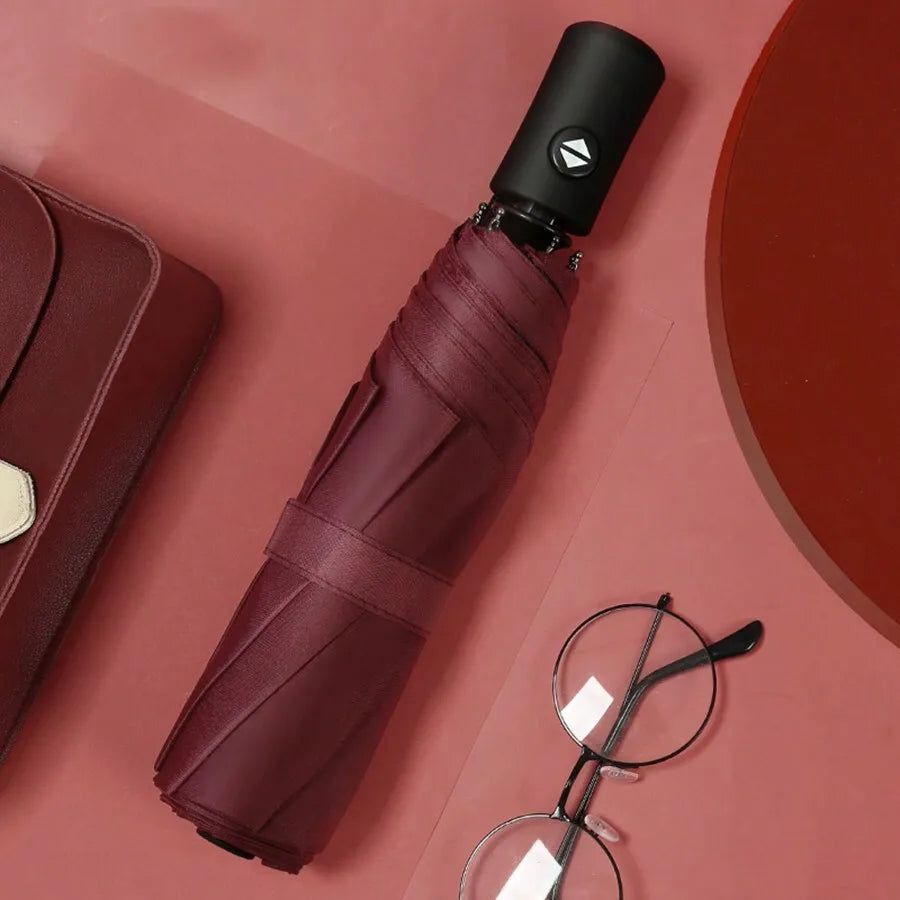 Fully Automatic Open Umbrella, One-Button Open, Suitable For Sunny And Rainy Days, 8 Ribs, Solid Color Business Umbrella, Black Coating UPF50+, Sun-Blocking Umbrella, Triple Folding Umbrella, Solid Color Foldable Umbrella, Un