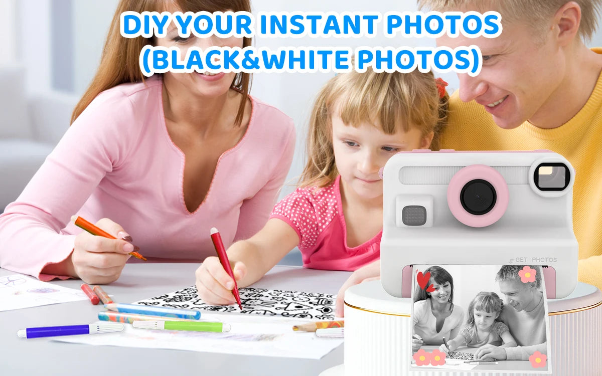 Kids Camera Instant Print, 1080P Video, Children Christmas Birthday Gifts for Girls Age 3-12, Toddler Toy with 32GB Card,6 pens