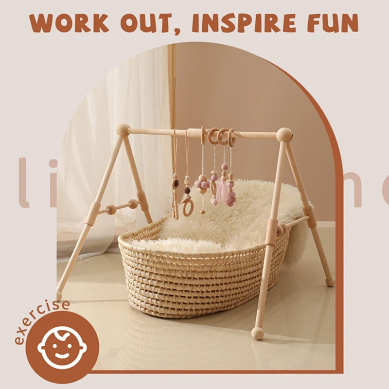 Baby Wooden Gym Frame Rattle Toys Baby Room Decor Newborn Hanging Sensory Toys Foldable Play Gym Frame Kid Holder Bracket Gift
