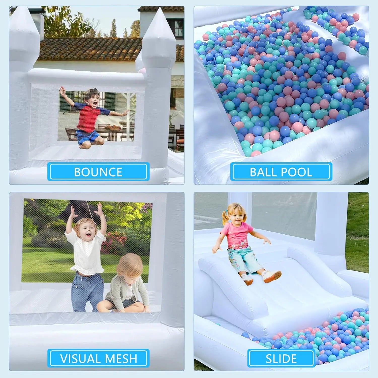 Kids 8x13x8ft Soft Play White Bounce House With Slide Ball Pit Party Customization Inflatable Mini Bouncy Castle With Blower