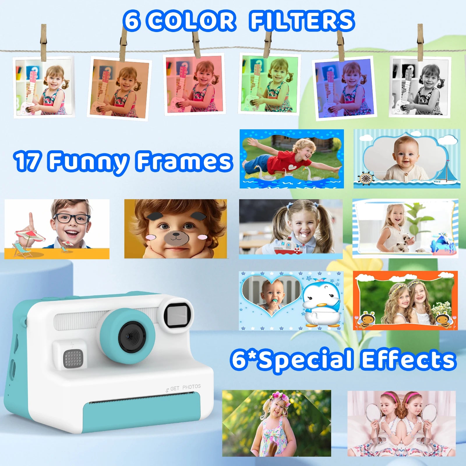 Kids Camera Instant Print, 1080P Video, Children Christmas Birthday Gifts for Girls Age 3-12, Toddler Toy with 32GB Card,6 pens