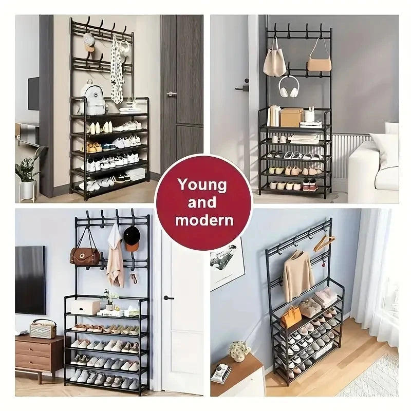 A clothes hanger and shoe rack at the entrance, used for storing shoes, clothes, jackets, hats, bags, umbrellas in the hallway