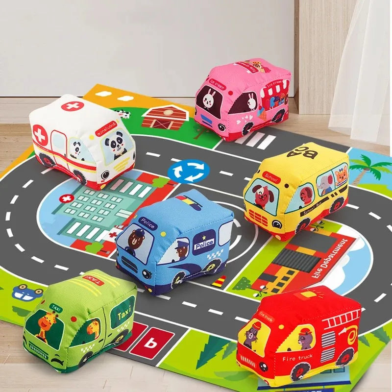Soft Fabric Car Toy Set for Baby, with Play Mat and 9pcs Early Learning Travel Sensory  Toy, Birthday Gifts for Toddler