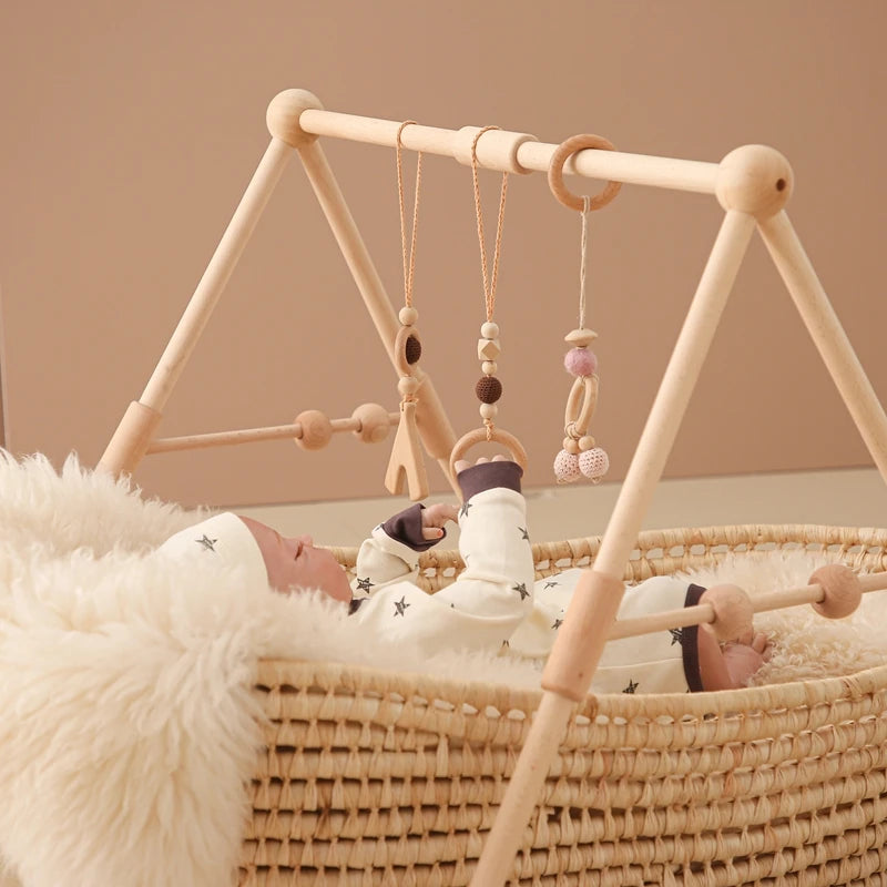 Baby Wooden Gym Frame Rattle Toys Baby Room Decor Newborn Hanging Sensory Toys Foldable Play Gym Frame Kid Holder Bracket Gift
