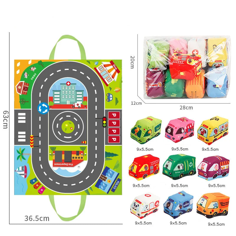 Soft Fabric Car Toy Set for Baby, with Play Mat and 9pcs Early Learning Travel Sensory  Toy, Birthday Gifts for Toddler