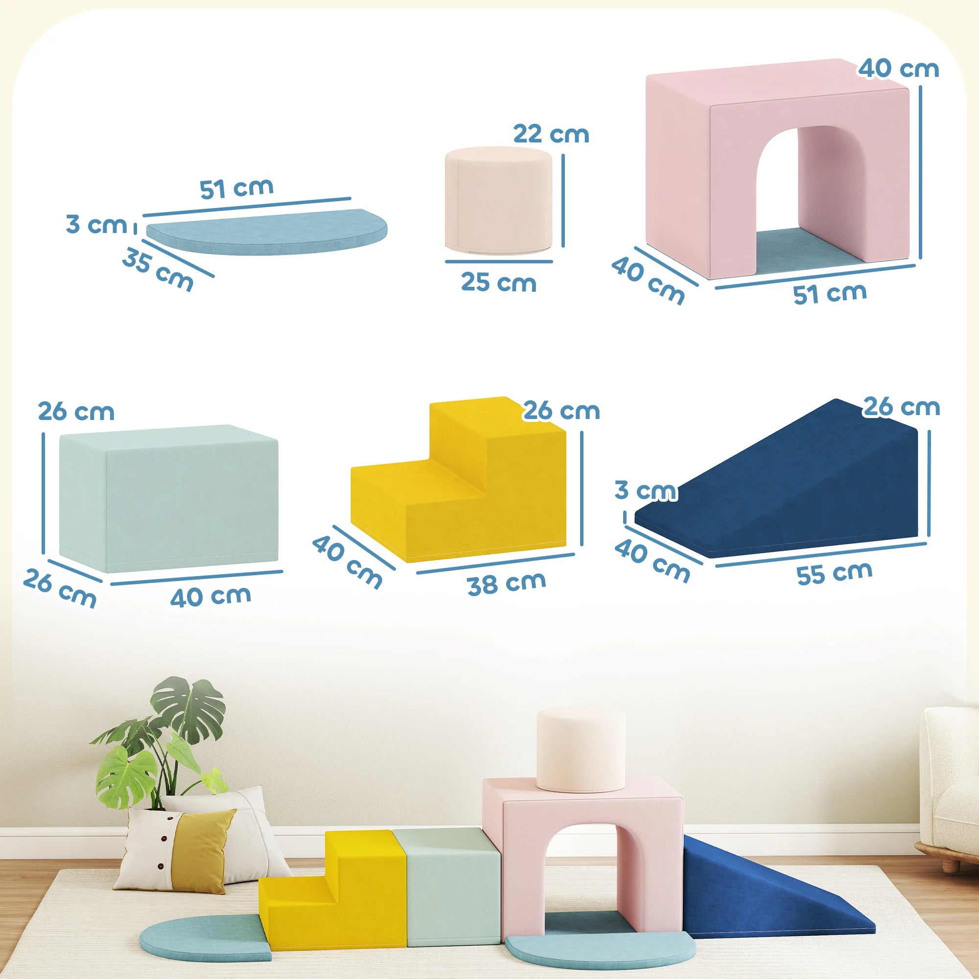 Aiyaplay Set of 8 Foam Blocks for Kids with Washable Velvet Covers for Climbing and Crawling Multicolor