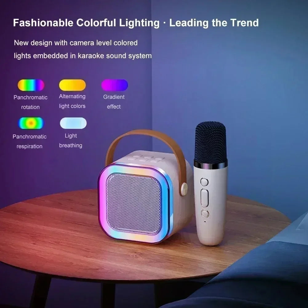 K12 Bluetooth speaker karaoke machine portable speaker system with 2 wireless microphones family family singing children's gif