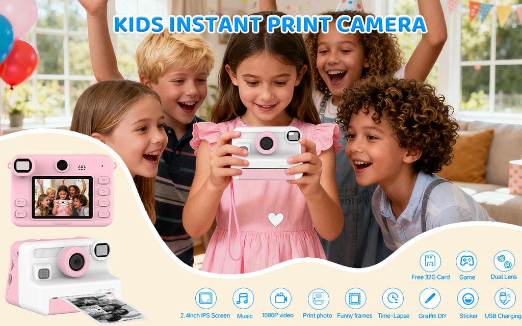 Kids Camera Instant Print, 1080P Video, Children Christmas Birthday Gifts for Girls Age 3-12, Toddler Toy with 32GB Card,6 pens