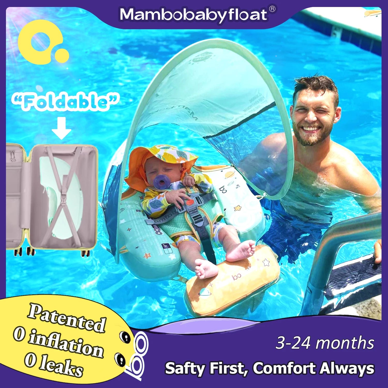 Mambobaby Baby Foldable Float Inflatable Free with Sun Canopy Safe Crotch Strap Pool Swim Ring Swim Tube Pool Float Water Circle
