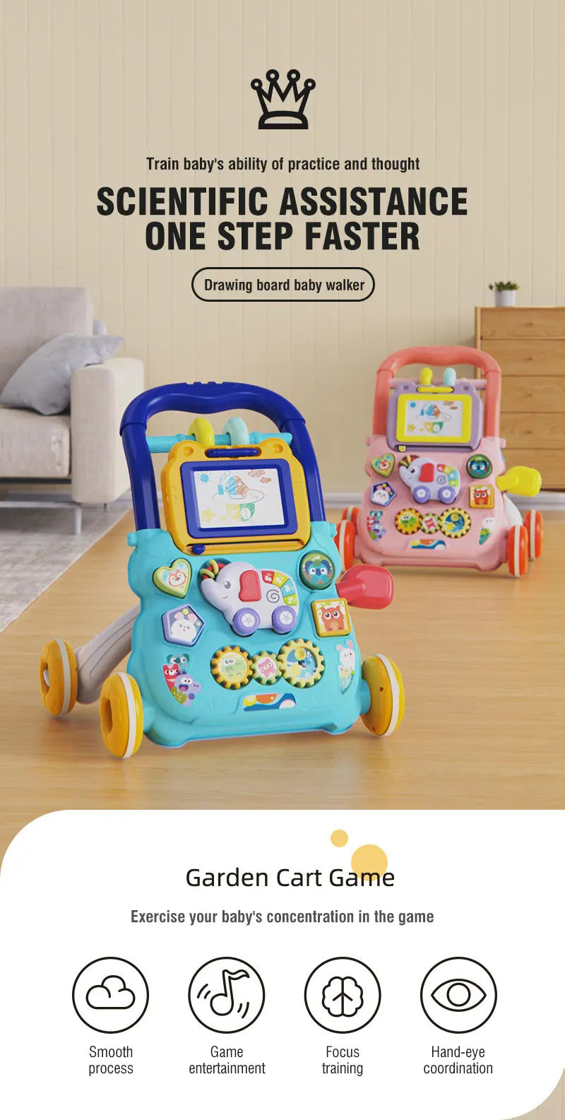 Baby Walker with Music Drawing Board 6-15Months Learning Standing Exercises and Walking Practice Stroller Children Ccartoon Toy