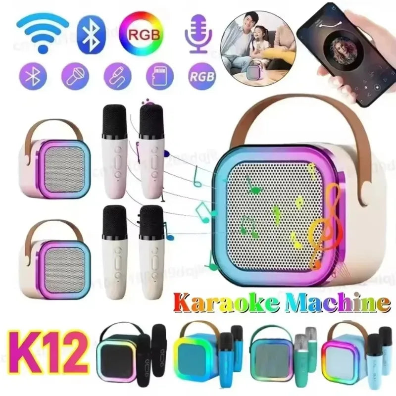 K12 Bluetooth speaker karaoke machine portable speaker system with 2 wireless microphones family family singing children's gif