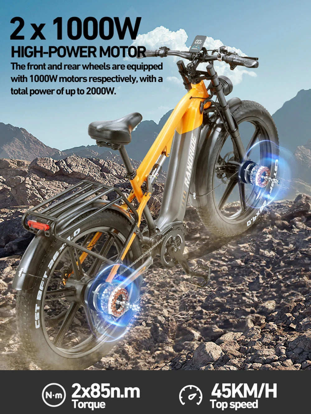 US STOCK RANDRIDE YX80 2000W Dual Motor All-Terrain E-Bike 48V 20Ah Long Range Full Suspension 7-Speed Off-Road Electric Bike