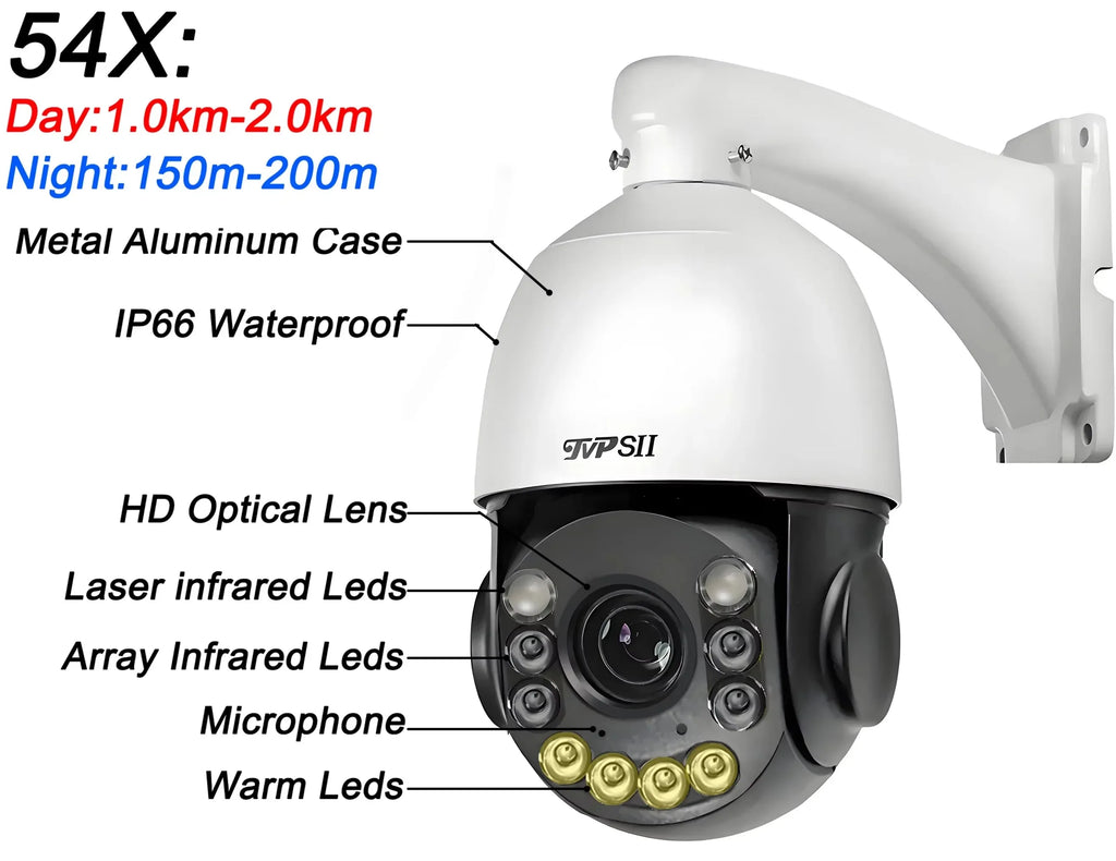 H.265+ Full Color Metal Smart Auto Tracking Cruise 8MP 4K 54X Optical Zoom 360° Audio ONVIF PTZ Speed Dome POE IP Camera