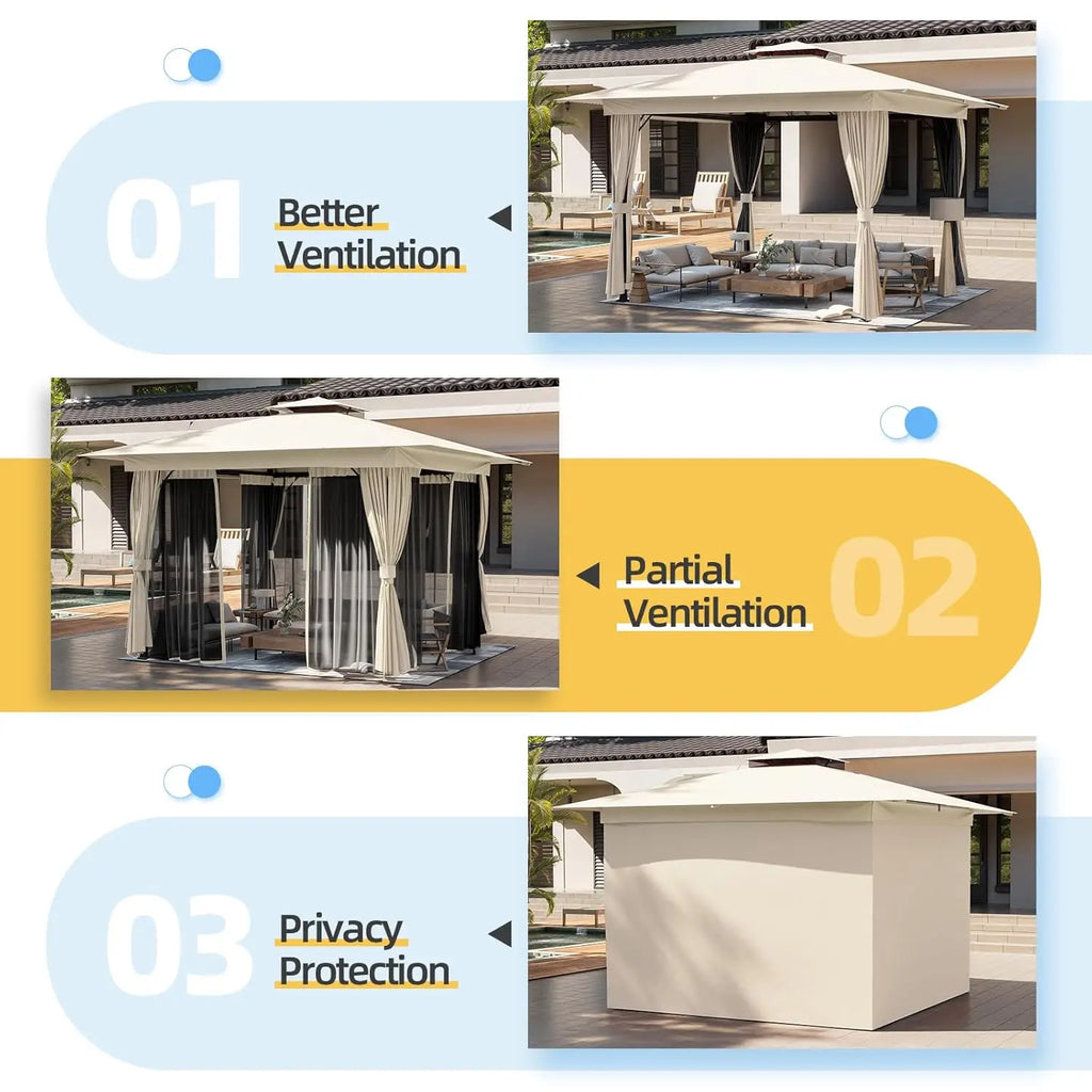 10'x10' Outdoor Gazebo Kahaki for Patio, Heavy Duty Party Tent with Double Roofs, Outdoor Canopy with Curtains and, Custom