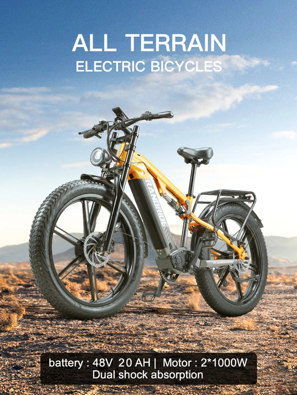 US STOCK RANDRIDE YX80 2000W Dual Motor All-Terrain E-Bike 48V 20Ah Long Range Full Suspension 7-Speed Off-Road Electric Bike